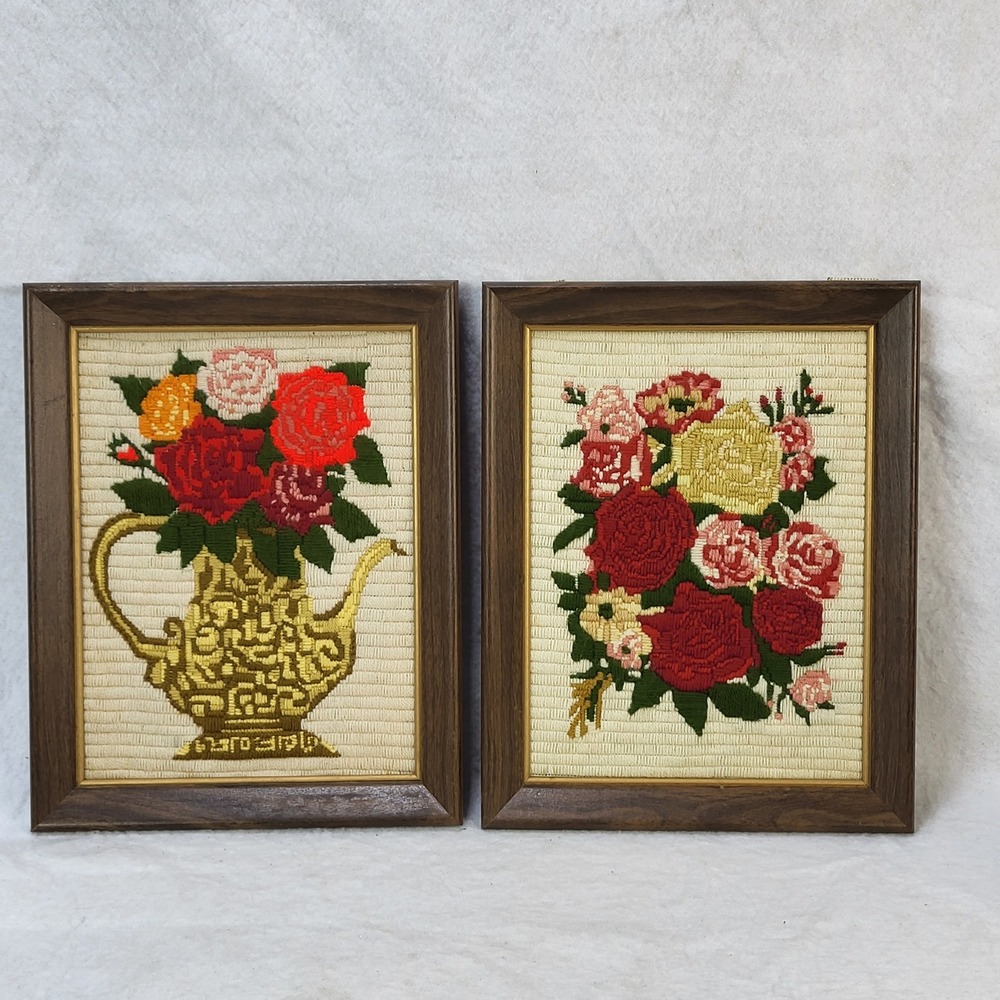 Vintage Needlepoint Floral Wall Art Set 2 Framed Roses Teapot Embroidery MCM